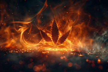 Burning cannabis leaf with red flames and smoke, Marijuana weed fire - obrazy, fototapety, plakaty