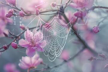Morning Dew Sparkles on a Spider Web Intertwined with Spring's First Flowers