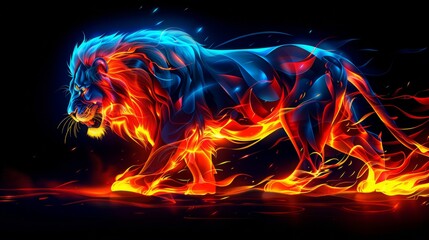 A lion with bright flames on its face. A magical creature made of fire.