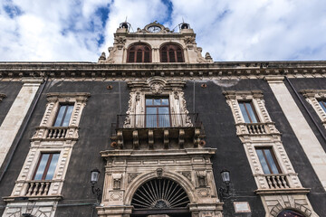 Facade of Tezzano Palace on Stesicoro Square in Catania, Sicily Island, Italy