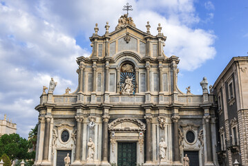 Fototapeta na wymiar Front view of Cathedral St Agatha Abbey in historic part of Catania city, Sicily Island, Italy