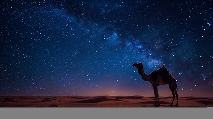 A breathtaking panorama of the desert at night, with a lone camel standing tall against the backdrop of a sky illuminated by the brilliance of countless stars, signaling the arrival of Ramadan