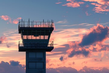 Prominent Airport control tower. Tall and glassy building with spectacular sunset. Generate AI