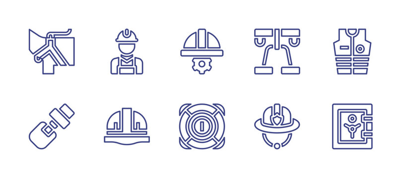 Safety line icon set. Editable stroke. Vector illustration. Containing worker, helmet, harness, life jacket, safety belt, safety harness, safety, safe box, firefighter helmet.