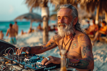 Hipster senior man dj mixing outdoor during summer beach party