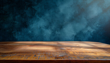 Polished Wooden Tabletop against a Textured Navy Blue Abstract Background for Creative Compositions
