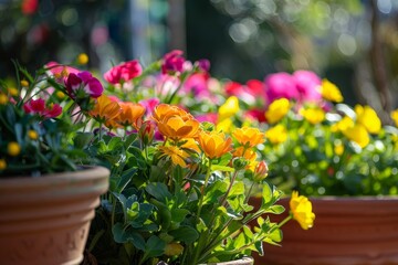 Fototapeta na wymiar Terracotta Pots Overflowing with Bright Spring Blooms in a Sunlit Garden