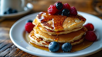 Stack of Golden Pancakes Adorned with Fresh Berries and Powdered Sugar, Served on a White Plate in a Cozy Dining Setting - obrazy, fototapety, plakaty