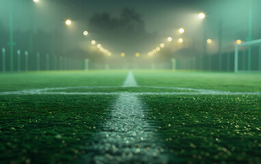 Empty sport stadium with lights textured field with spotlights and fog midfield. generative ai.