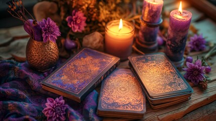 Fortune telling cards, candles and flowers on the table. Predictions - obrazy, fototapety, plakaty