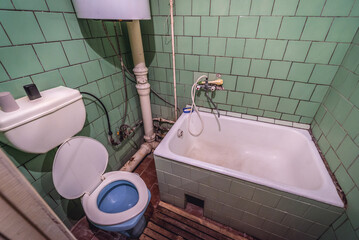 Bathroom of hotel room in Chernobyl town, Chernobyl Exclusion Zone, Ukraine - obrazy, fototapety, plakaty
