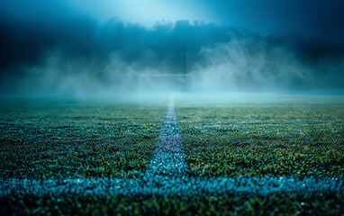 Empty soccer stadium with lights textured field with spotlights and fog midfield. generative ai.