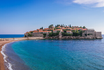 Sveti Stefan islet with Aman Sveti Stefan hotel on Adriatic coast, Montenegro