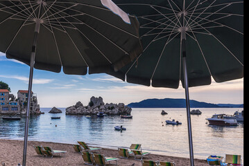 Restaurant and beach in Przno town on Adriatic sea shore, Montenegro