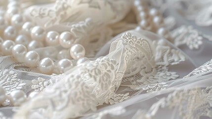 Beautiful white lace, paired with white pearls, Generative AI.