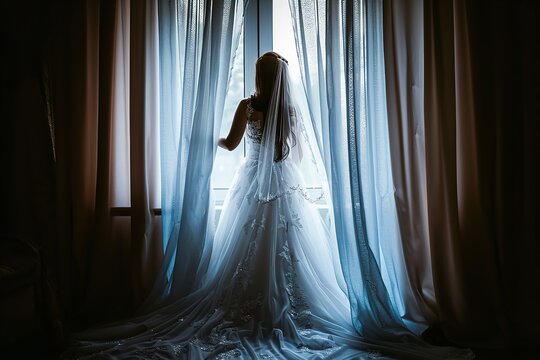 As the bride, dressed in a train-style bridal gown, stands back and opens the window curtains, her silhouette is visible against the light, Generative AI.