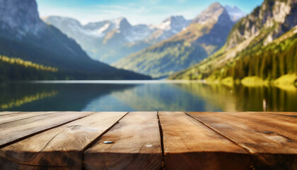 Close-up of an empty wooden table (diminishing perspective) with a blurred mountain lake on background. Template for your products display on top of the table. Generative Ai. - Powered by Adobe