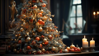 Christmas tree with candles in the living room. Christmas and New Year concept