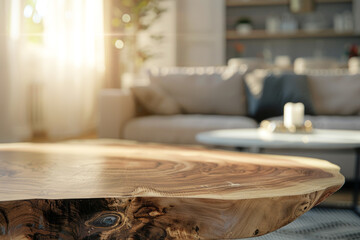 Beautiful wooden empty table or coffee table in a room with space for a product, text or lettering with a blurred background of the rest of the room
