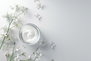Open round box of white cream with spring flower elements next to it on an empty background with...