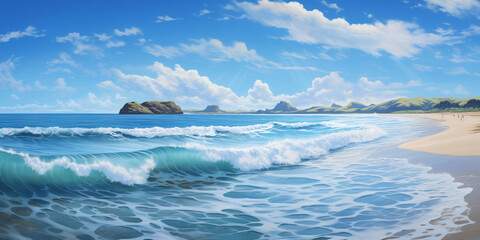 A Sun-kissed waves gently lapping against a sandy shore under a clear blue sky.  - obrazy, fototapety, plakaty