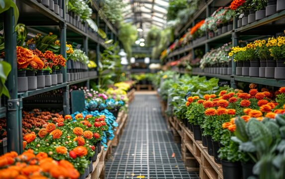 A row of potted plants with orange flowers are displayed in a greenhouse. The plants are arranged in a way that makes them easy to see and access. The greenhouse is brightly lit, creating a warm