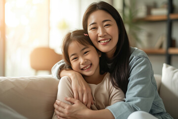Cheerful happy young Japanese mother with teen daughter sitting on sofa at home. Joyful woman parent with child girl hugging indoors. Mothers day, family relationship, love and care concept - obrazy, fototapety, plakaty