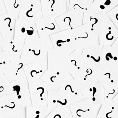 Pile of question mark signs scattered around as a background. Question, decision making, answers, facts concept - 775826971