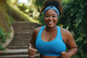 Happy smiling overweight African American woman jogging in park in summer. Portrait of cheerful beautiful fat plump chubby stout young lady in blue sports bra