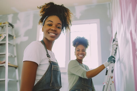 Two African American women, expert painters at work during a house renovation. Construction prowess transforms walls, enhancing the beauty of the apartment and the essence of home.