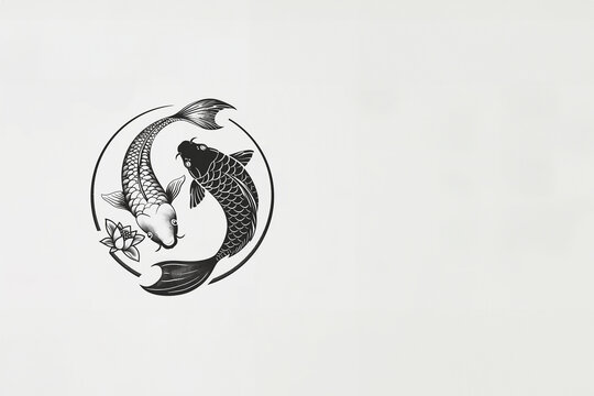 2 carpes ko&iuml;, une blanche et une noire enlac&eacute;es l'une autour de l'autre pour former le motif du Yin et du Yang avec un cercle autour et une fleur de lotus. Sur fond blanc avec espace n&eacute;gatif copyspace