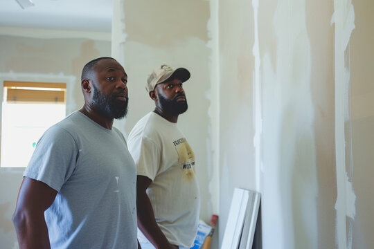 Two African American men, expert painters at work during a house renovation. Construction prowess transforms walls, enhancing the beauty of the apartment and the essence of home.