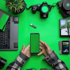 Layout of photographer work station working with smart phone with green screen with chroma key. Freelance and entrepreneur concept. top view shot ,Modern equipment of professional photographer 