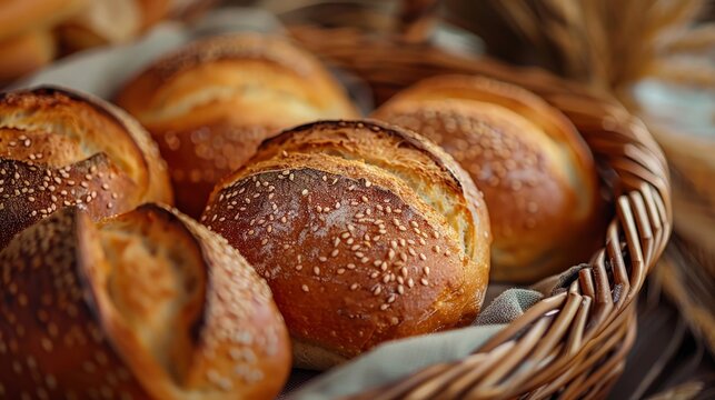 Warm tones of bakery breads in a weaved basket