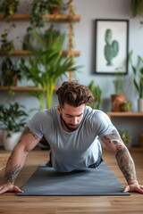 Fototapeta premium Young attractive sporty man doing push-up or plank sport exercises lying on yoga mat on the floor in the living room at home. Fitness, workout and home training concept