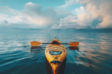 Kayaking boat in the water, with blue sky, Generative AI. - obrazy, fototapety, plakaty