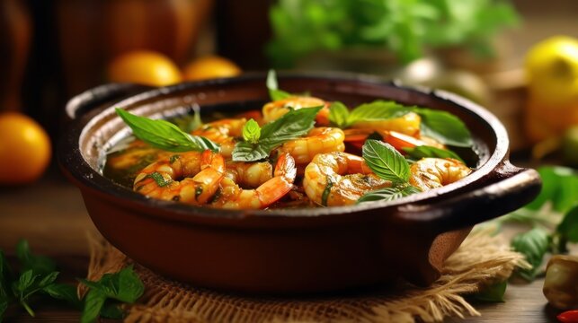 Shrimps. Close view and Selective Focus on Fresh Raw Shrimp or Prawn in traditional clay pot with curry leaves.