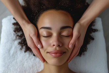 Close up masseur hands making face relaxing massage to a young African American girl lying with closed eyes in beauty salon or cosmetology cabinet.  - obrazy, fototapety, plakaty