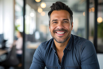 Fototapeta premium Confident Latin professional in office environment smiling at camera