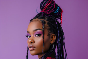 Naklejka na ściany i meble Confident African American woman with purple background, stylish two tone braids and colorful makeup