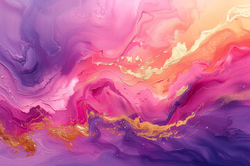 Fototapeta premium Abstract watercolor paint background illustration. violet, purple, pink, peach color and golden lines, with liquid fluid marbled texture