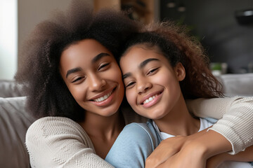 Cheerful happy young African American mother with teen daughter sitting on sofa at home. Joyful woman parent with child girl hugging indoors. Mothers day, family relationship, love and care concept. - obrazy, fototapety, plakaty