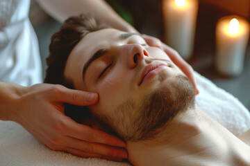 Obraz na płótnie Canvas Professional cosmetologist making massage for man in spa
