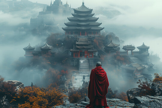 Back view of buddhist monk in red robe on the background of ancient temple or monastery