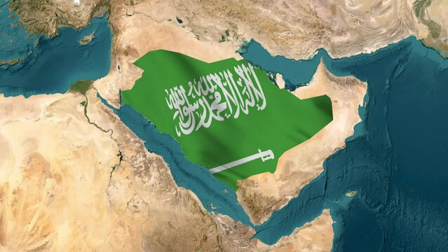 Saudi Arabia map with waving flag
