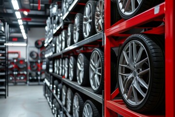 High-quality Alloy wheels automobile on service center racks. Auto replacement wheels in transport garage. Generate ai - obrazy, fototapety, plakaty