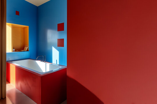 salle de bain avec baignoire et niches d&eacute;coratives tr&egrave;s color&eacute;e. Tablier de la baignoire en rouge avec un mur en rouge, surmont&eacute; d'un mur bleu avec des corniches jaunes et rouges. 