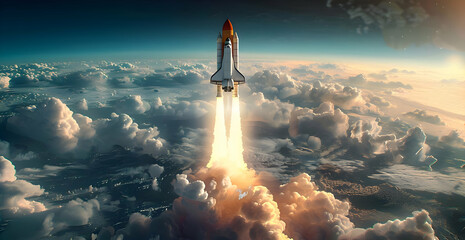 Space Shuttle Rocket Soaring Through Cosmos. Background wallpaper. - obrazy, fototapety, plakaty