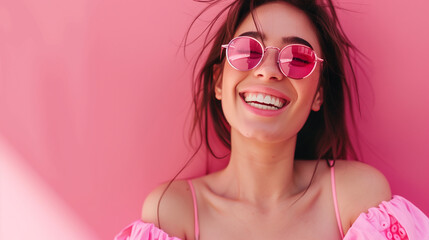 Smiling woman with positive charisma in front of a simple pink background - obrazy, fototapety, plakaty
