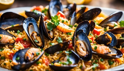 Portuguese Seafood Paella with Mussels
 - obrazy, fototapety, plakaty